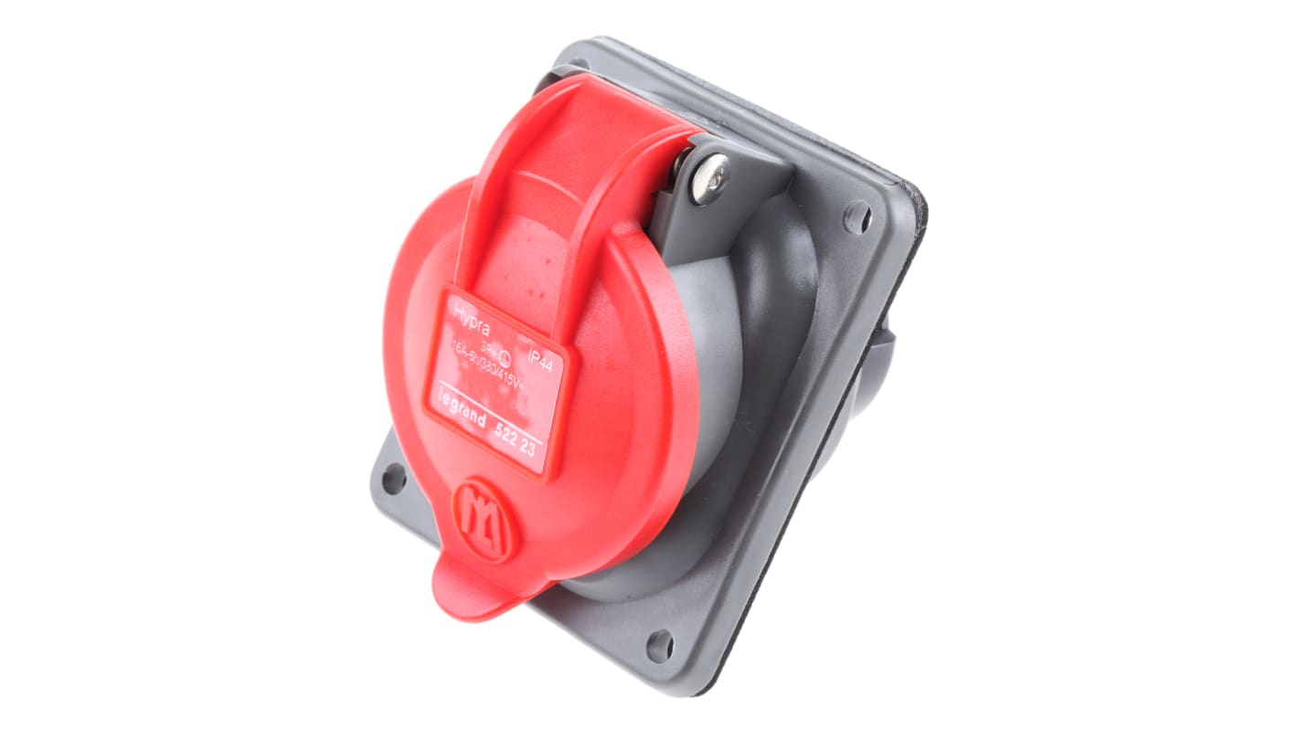 Red 2P+E panel/surface mount socket,16A