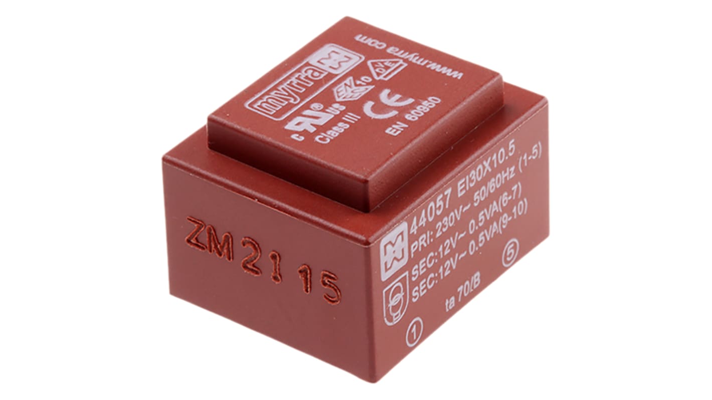 Myrra Printtrafo, Trafo 230V ac / 12V ac 1VA 2 Ausg. 32.6mm x 27.6mm x 22.2mm 70g Durchsteckmontage