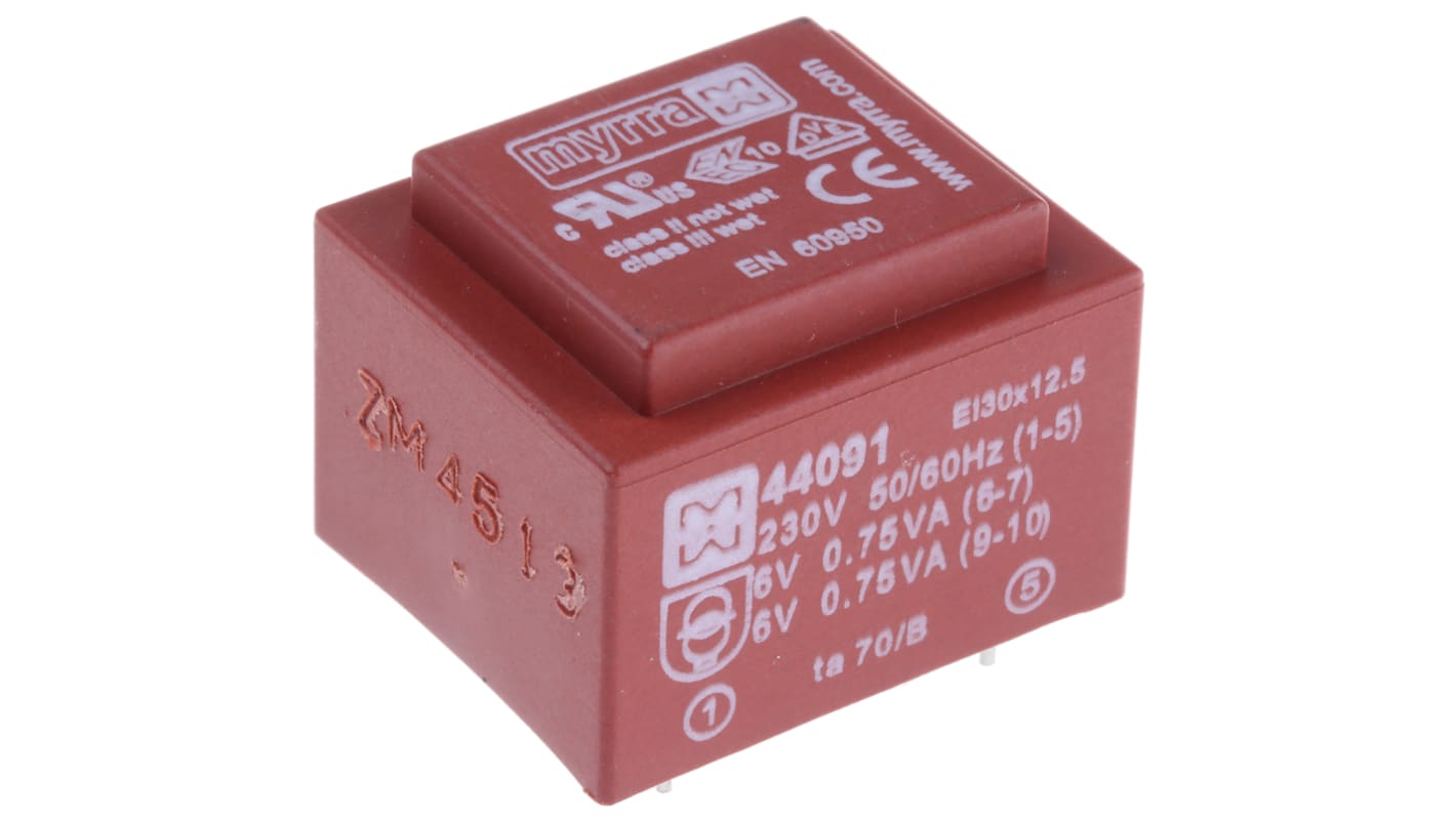 Myrra Printtrafo, Trafo 230V ac / 6V ac 1.5VA 2 Ausg. 32.6mm x 27.6mm x 24.3mm 80g Durchsteckmontage