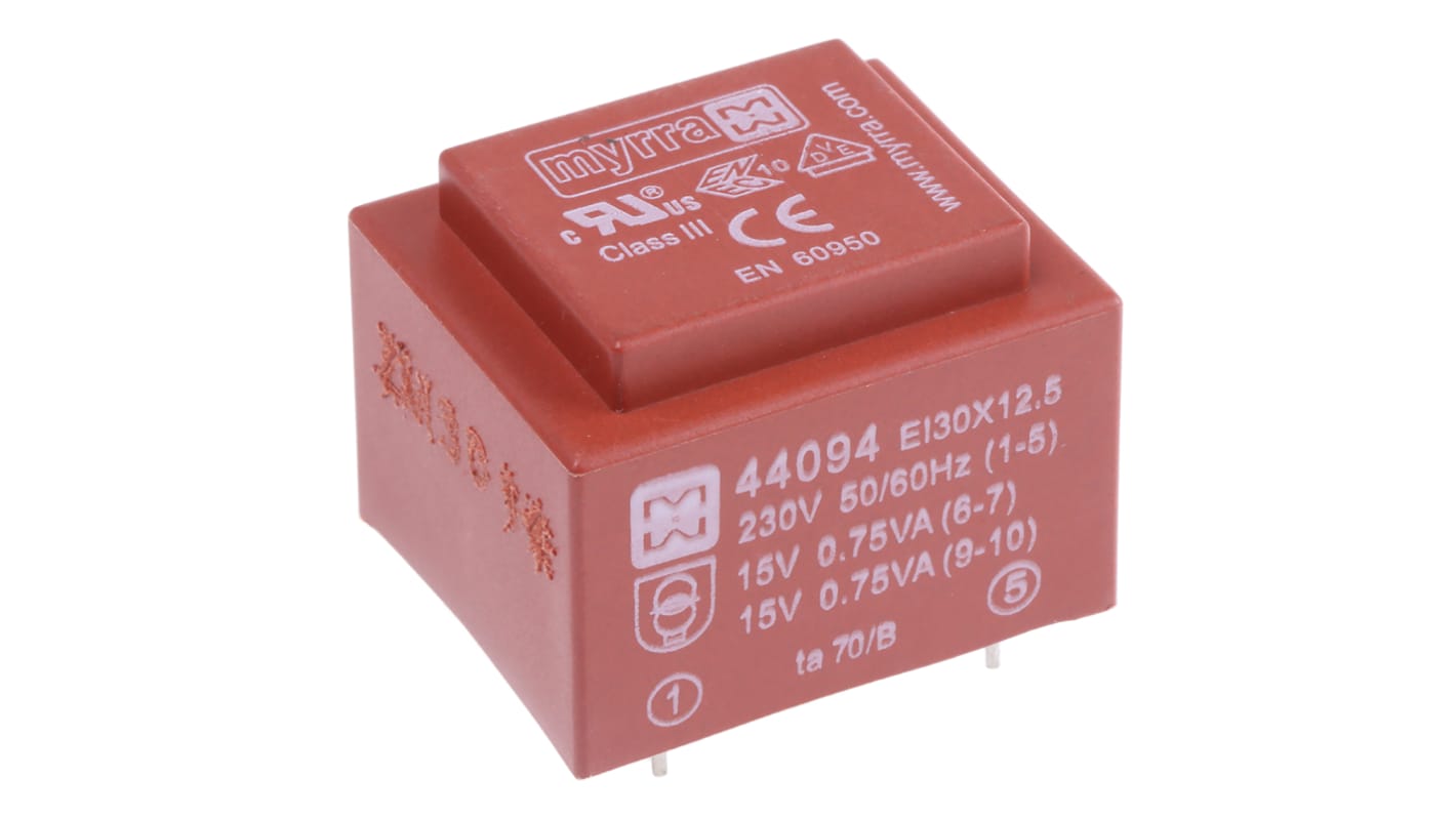 Myrra Printtrafo, Trafo 230V ac / 15V ac 1.5VA 2 Ausg. 32.6mm x 27.6mm x 24.3mm 80g Durchsteckmontage