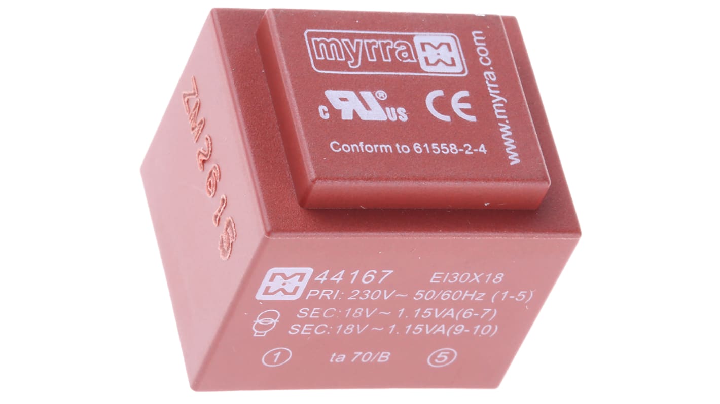 Trasformatore per PCB Myrra, 2.5VA, primario 230V ca, secondario 18V ca, 2 uscite