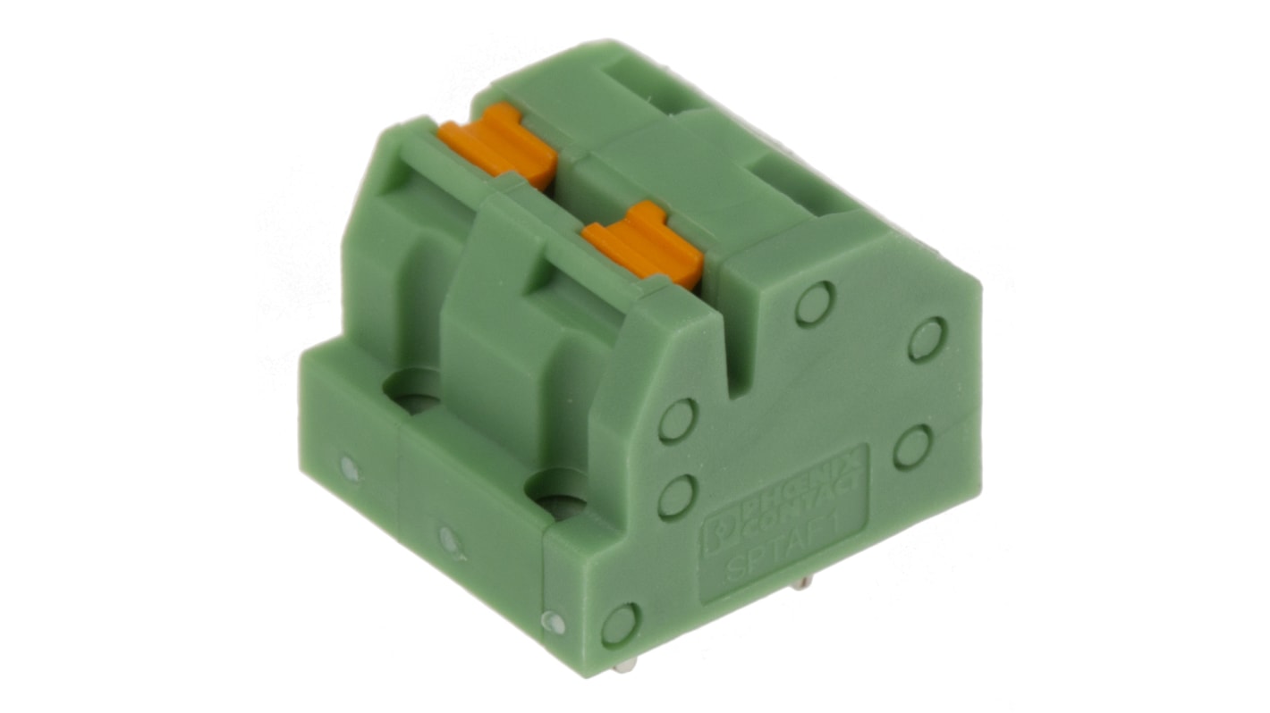 Phoenix Contact SPTAF 1/ 2-5.0-IL Series PCB Terminal Block, 2-Contact, 5mm Pitch, Through Hole Mount, 1-Row, Screw