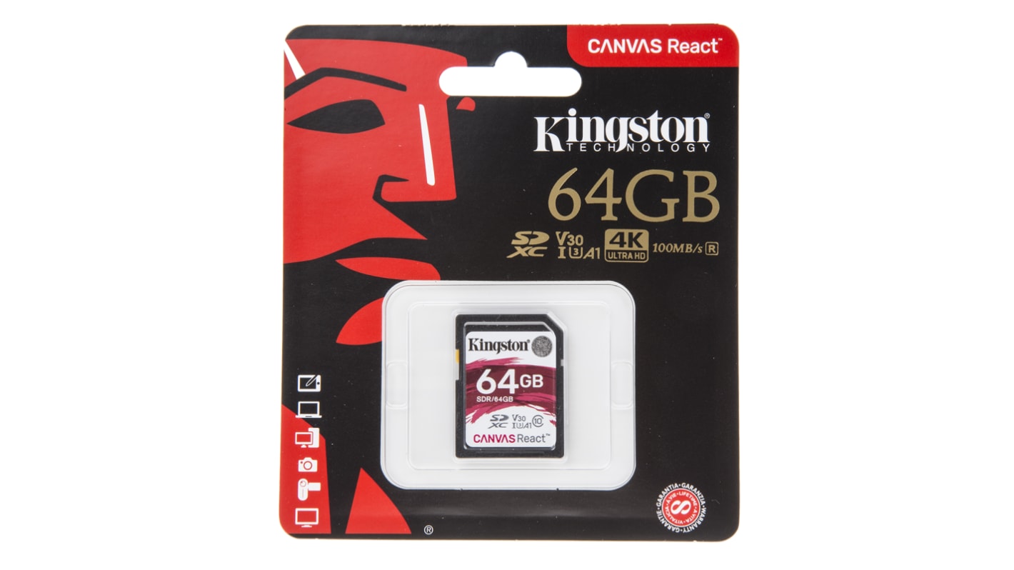 Kingston SD-kártya SDXC 64 GB Canvas React -25 → +85°C 10x