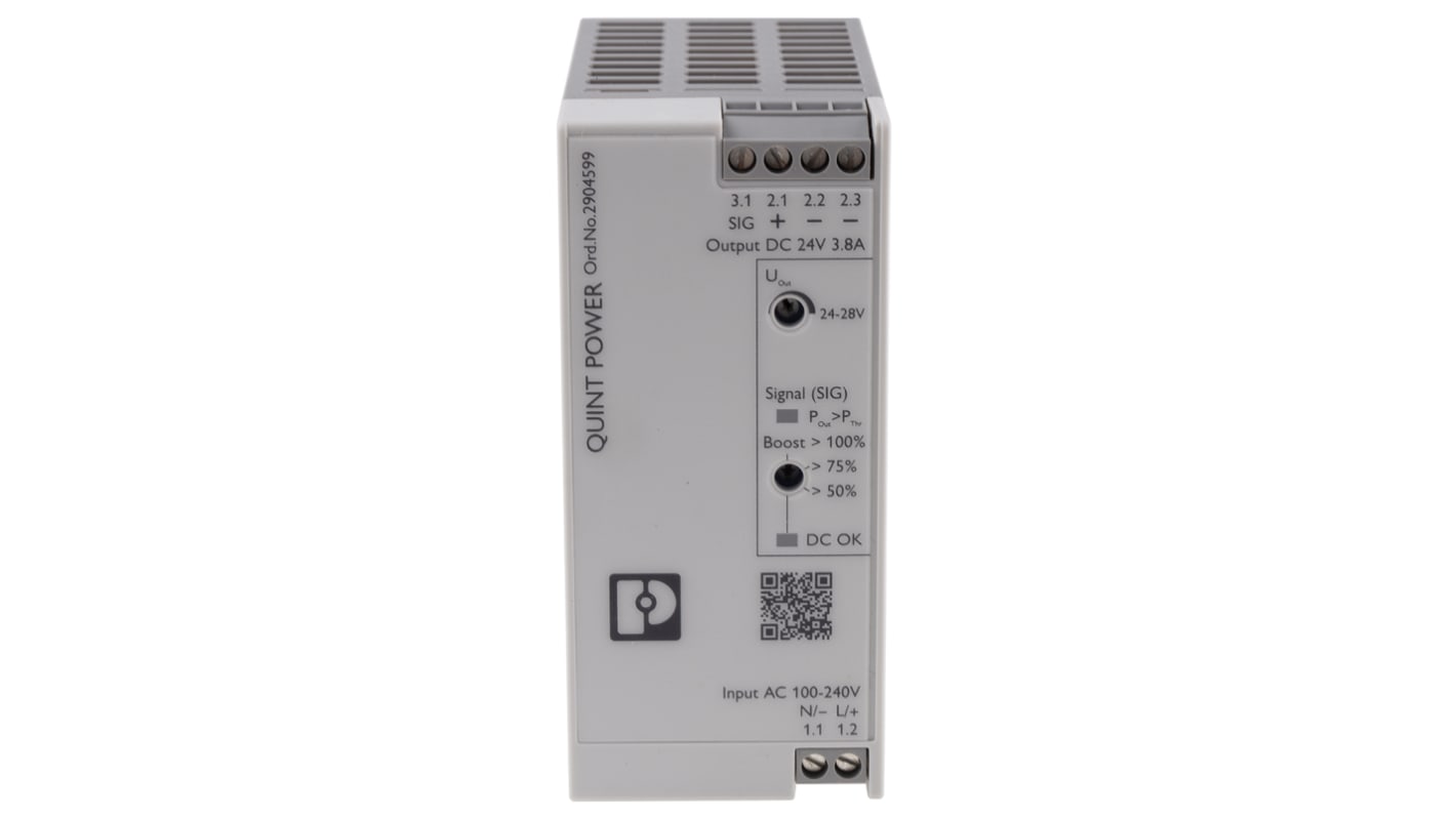 Phoenix Contact QUINT4-PS/1AC/24DC/3.8/SC Switched Mode DIN Rail Power Supply, 100 → 240 V ac / 110 →