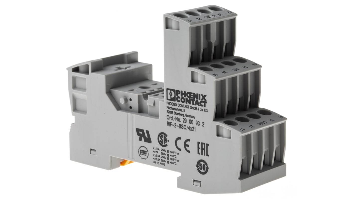 2900932 Phoenix Contact RIF2BSC 250V ac/dc DIN Rail Relay Socket, for use with Relays RS