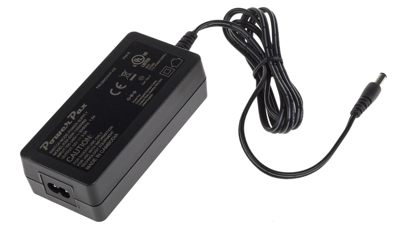 RS PRO 60W Plug-In AC/DC Adapter 12V dc Output, 5A Output