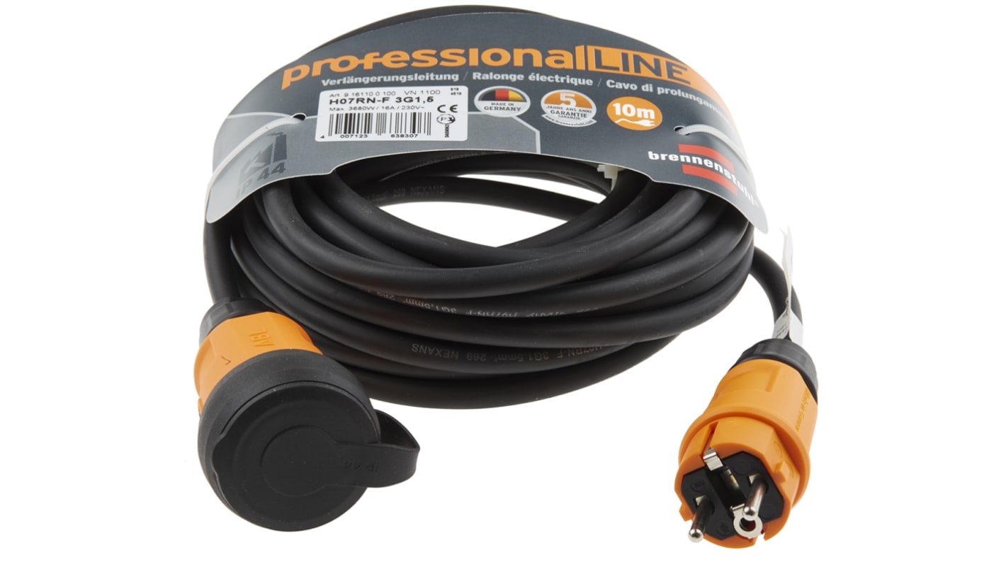 Regleta de enchufes brennenstuhl Professional Line, long. cable 10m, 1 toma Tipo F - Schuko alemán, 230 V ac, 16A, de