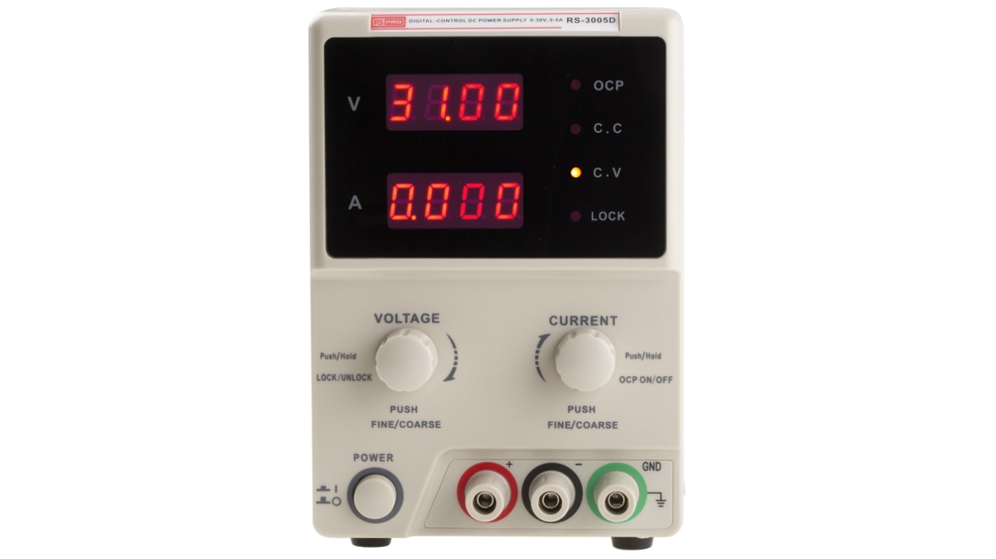 Alimentatore da banco RS PRO, 1 uscita, 0 → 30V, 0 → 5A, 150W, Cert. ISO