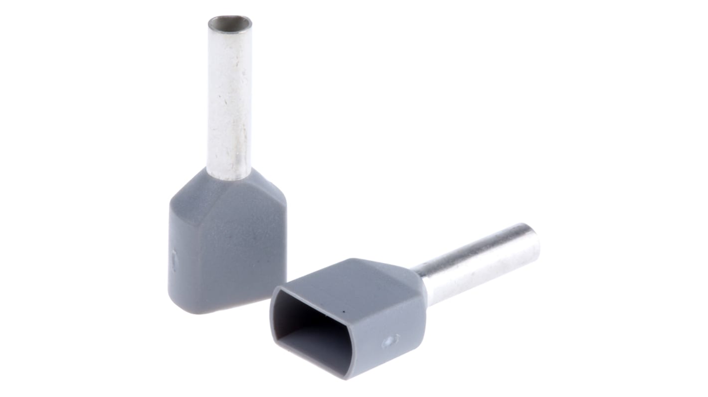 SES, PLIO Insulated Crimp Bootlace Ferrule, 8mm Pin Length, 1.8mm Pin Diameter, 2 x 0.75mm² Wire Size, Grey