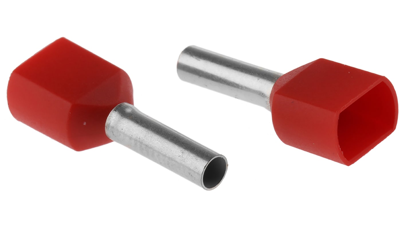 SES, PLIO Insulated Crimp Bootlace Ferrule, 8mm Pin Length, 2mm Pin Diameter, 2 x 1mm² Wire Size, Red