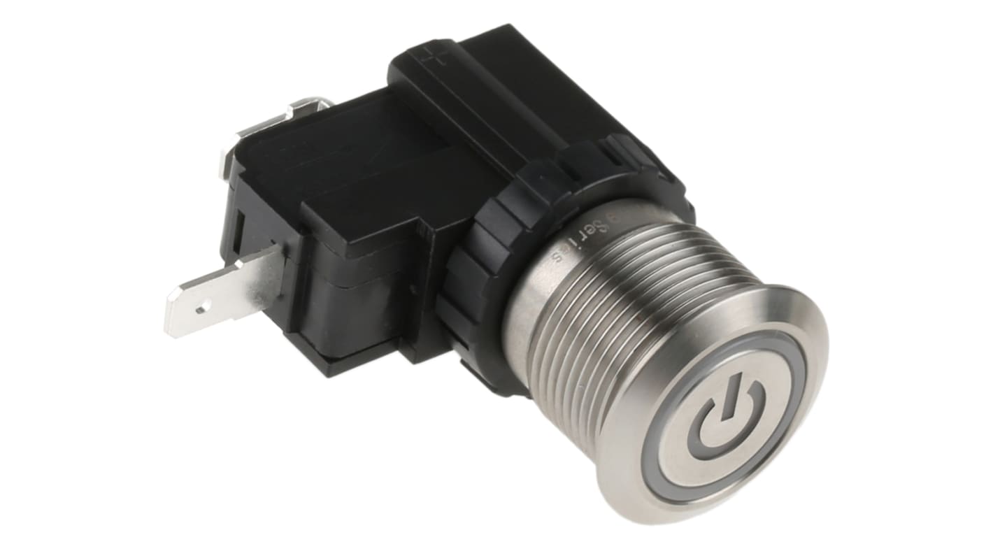 Interruptor de Botón Pulsador RS PRO, SPST, Enclavamiento, 16 A, 26 A, 250 / 125V ac, Montaje en Panel, IP67, , Símbolo