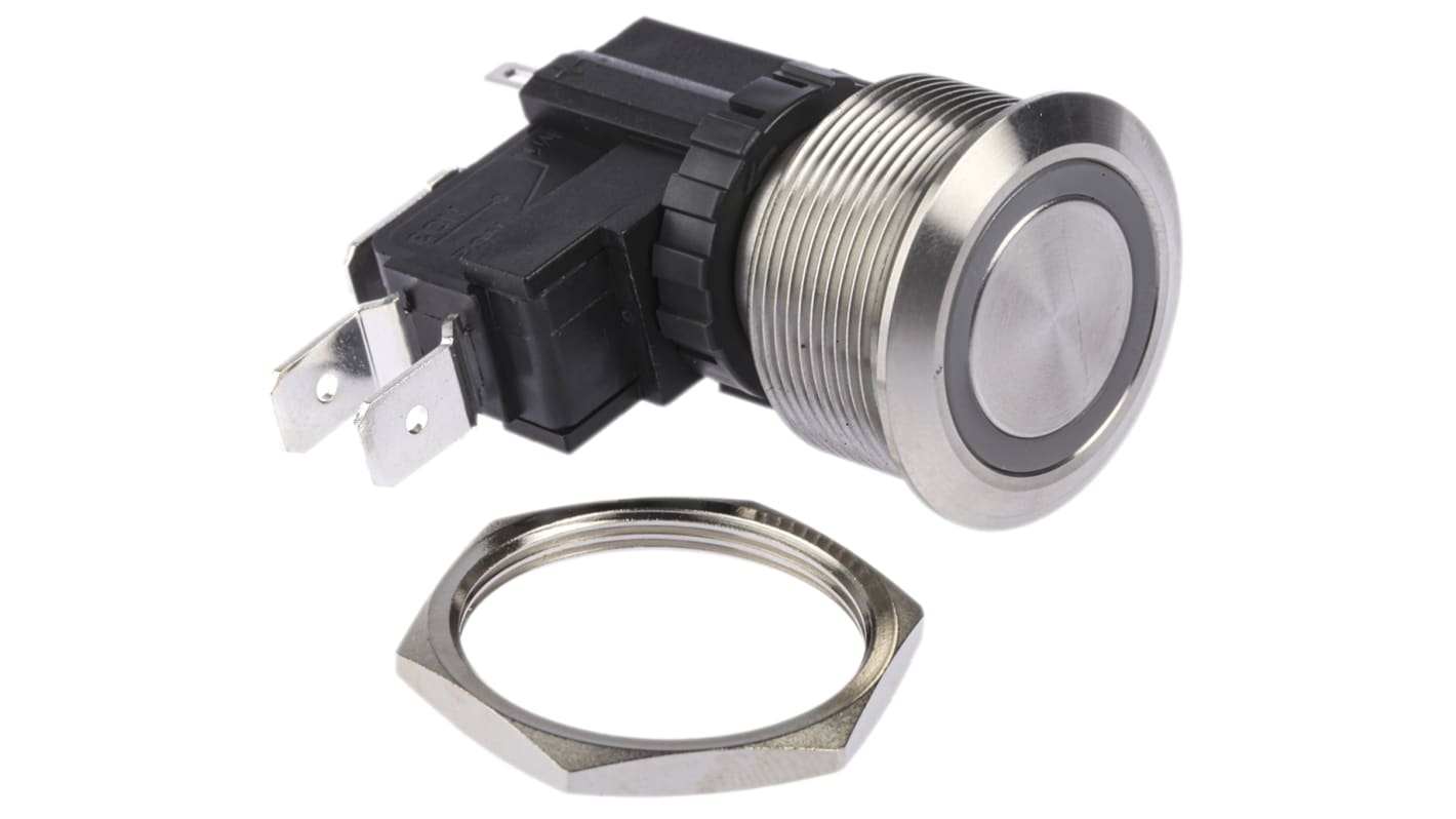 RS PRO Illuminated Push Button Switch, Momentary, Panel Mount, 25.2mm Cutout, SPDT, White LED, 250 / 125V ac, IP67