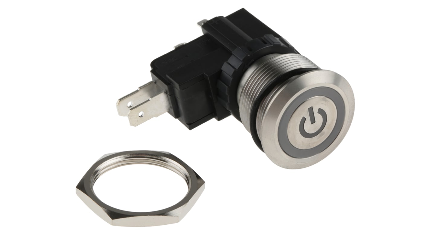 RS PRO Illuminated Push Button Switch, Momentary, Panel Mount, 22.2mm Cutout, SPDT, White LED, 250 / 125V ac, IP67