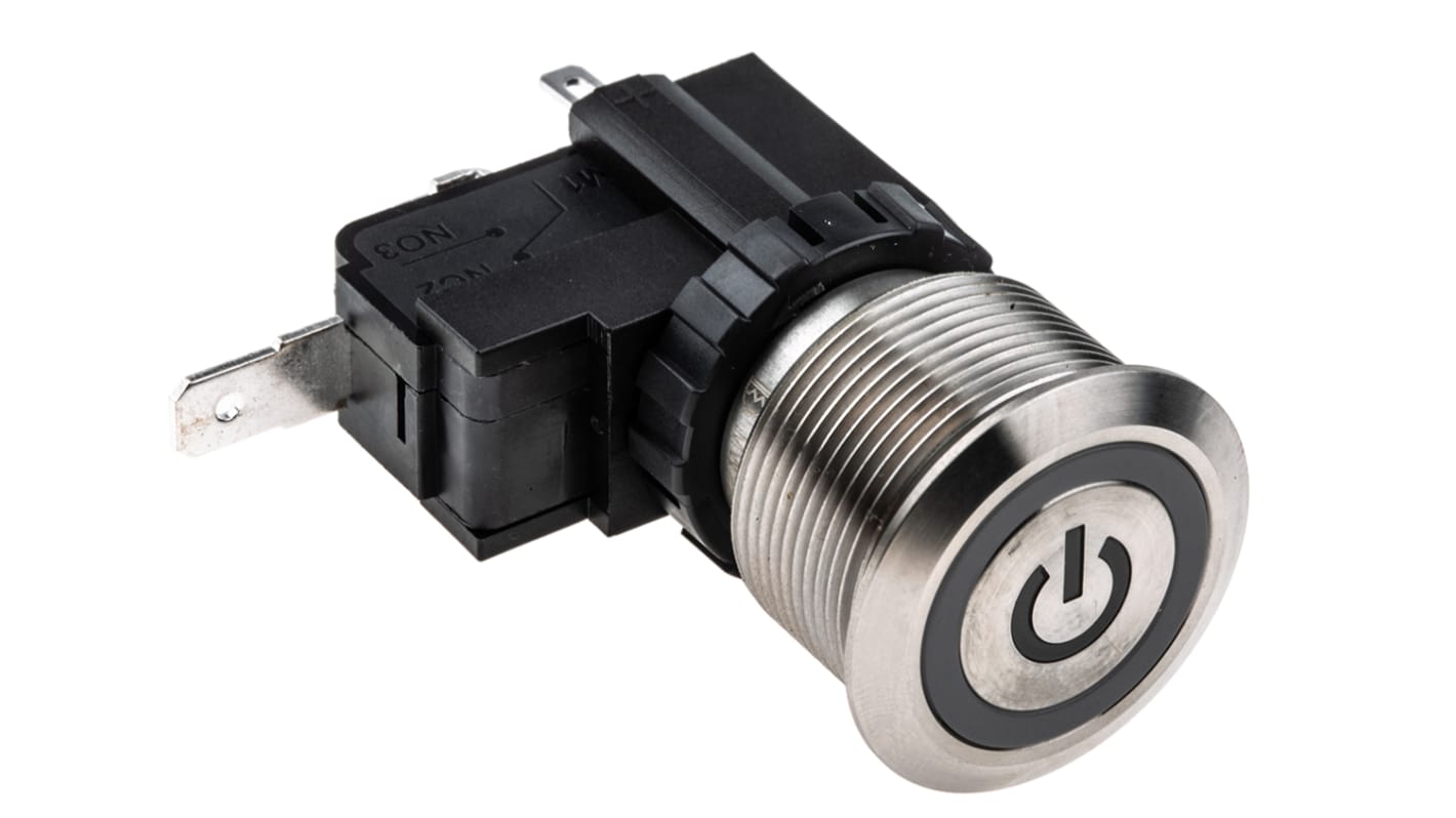 RS PRO Illuminated Push Button Switch, Momentary, Panel Mount, 22.2mm Cutout, SPST, White LED, 250 / 125V ac, IP67