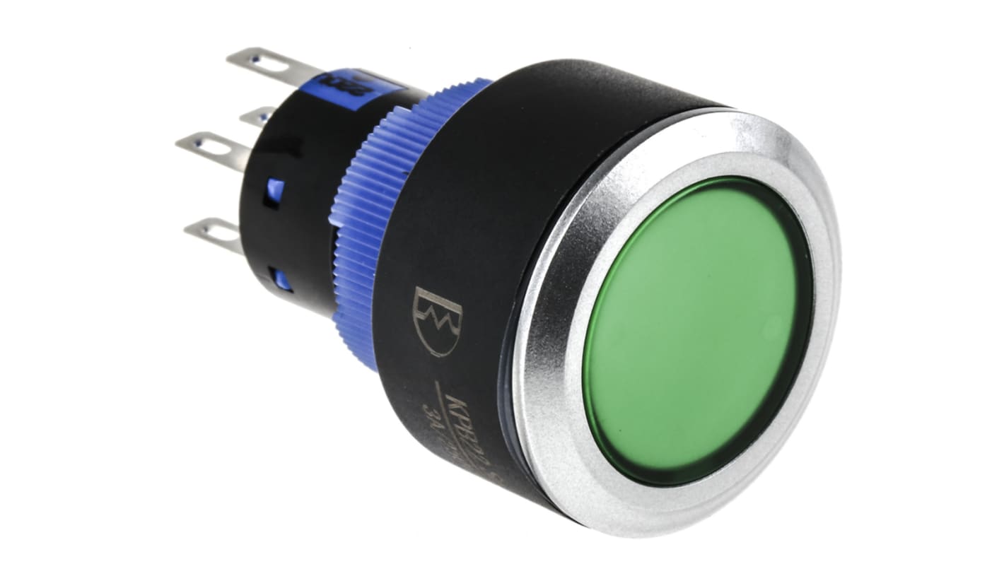 RS PRO Illuminated Push Button Switch, Momentary, Panel Mount, 22.2mm Cutout, DPDT, Green LED, 250V ac, IP65