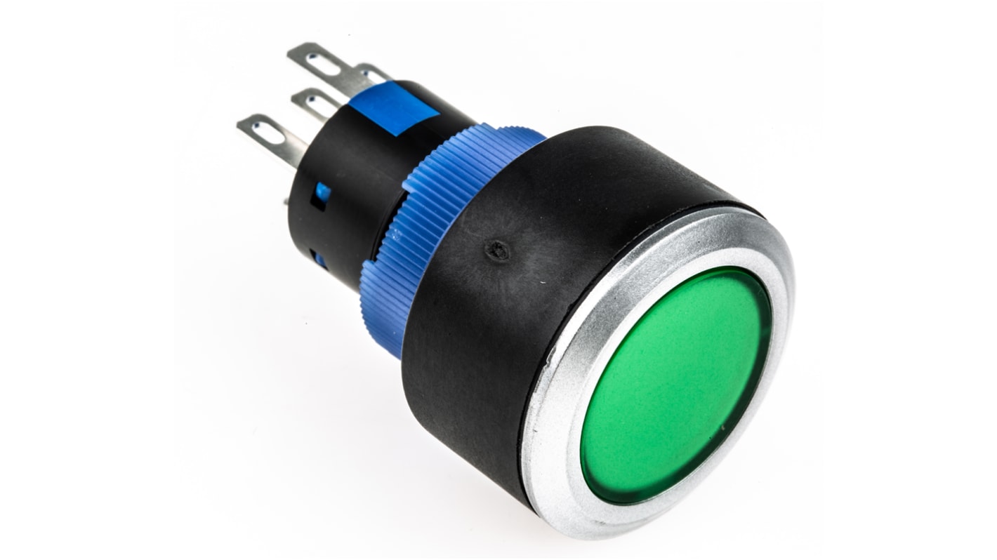 RS PRO Illuminated Push Button Switch, Panel Mount, 22.2mm Cutout, SPDT, Green LED, 250V ac, IP65