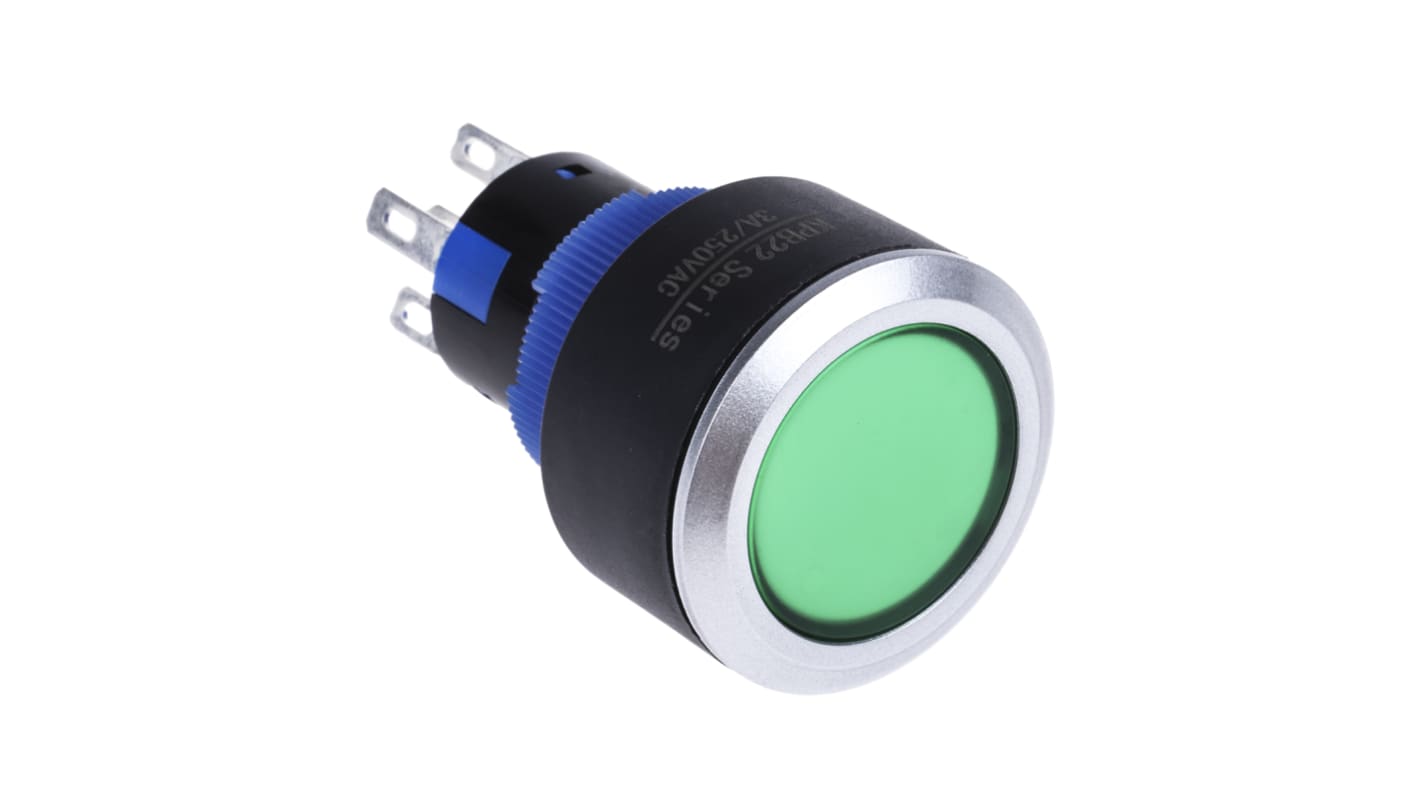 RS PRO Illuminated Push Button Switch, Panel Mount, 22.2mm Cutout, SPDT, Green LED, 250V ac, IP65