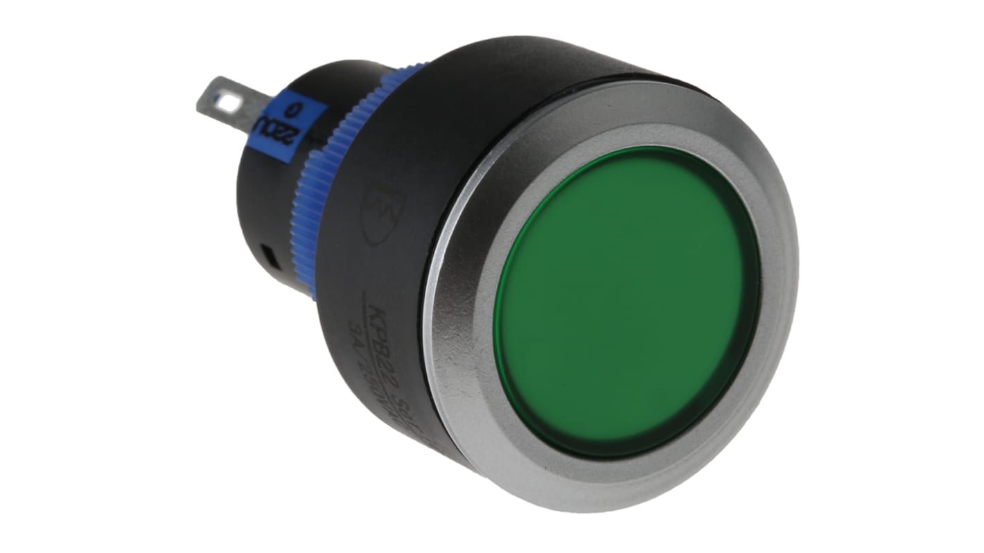 RS PRO Illuminated Push Button Switch, Momentary, Panel Mount, 22.2mm Cutout, SPDT, Green LED, 250V ac, IP65