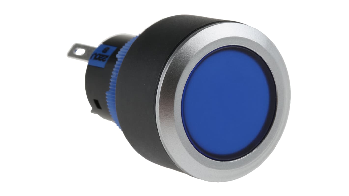 RS PRO Illuminated Push Button Switch, Panel Mount, 22.2mm Cutout, SPDT, Blue LED, 250V ac, IP65