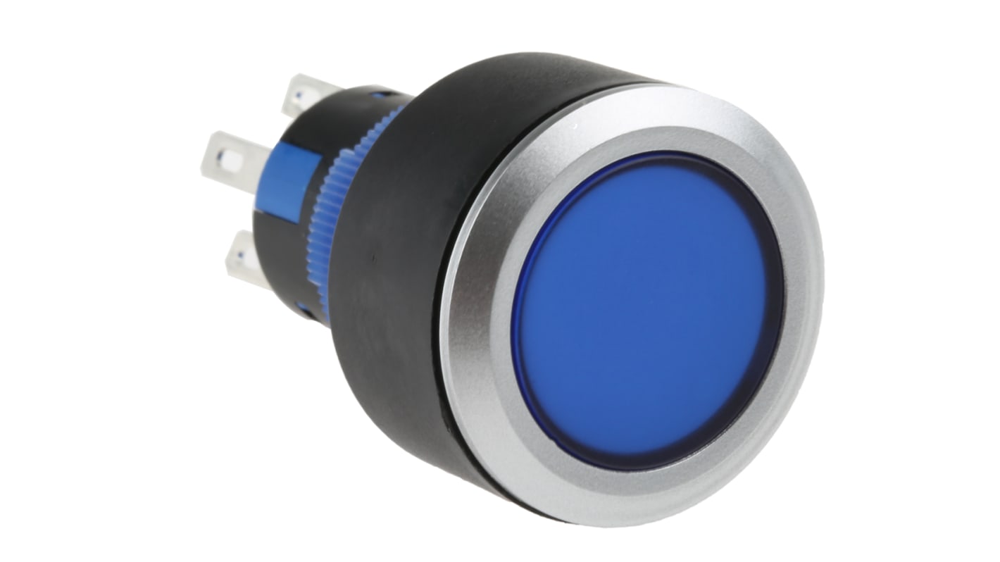 RS PRO Illuminated Push Button Switch, Panel Mount, 22.2mm Cutout, SPDT, Blue LED, 250V ac, IP65