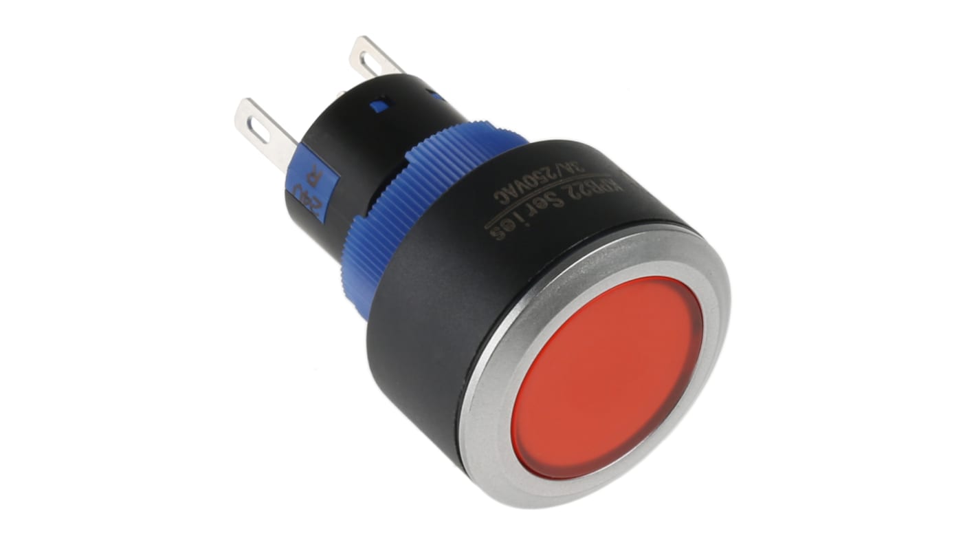 Bouton-poussoir, Momentané lumineux, LED Rouge, 1RT, 3 A, 5 A, Montage panneau