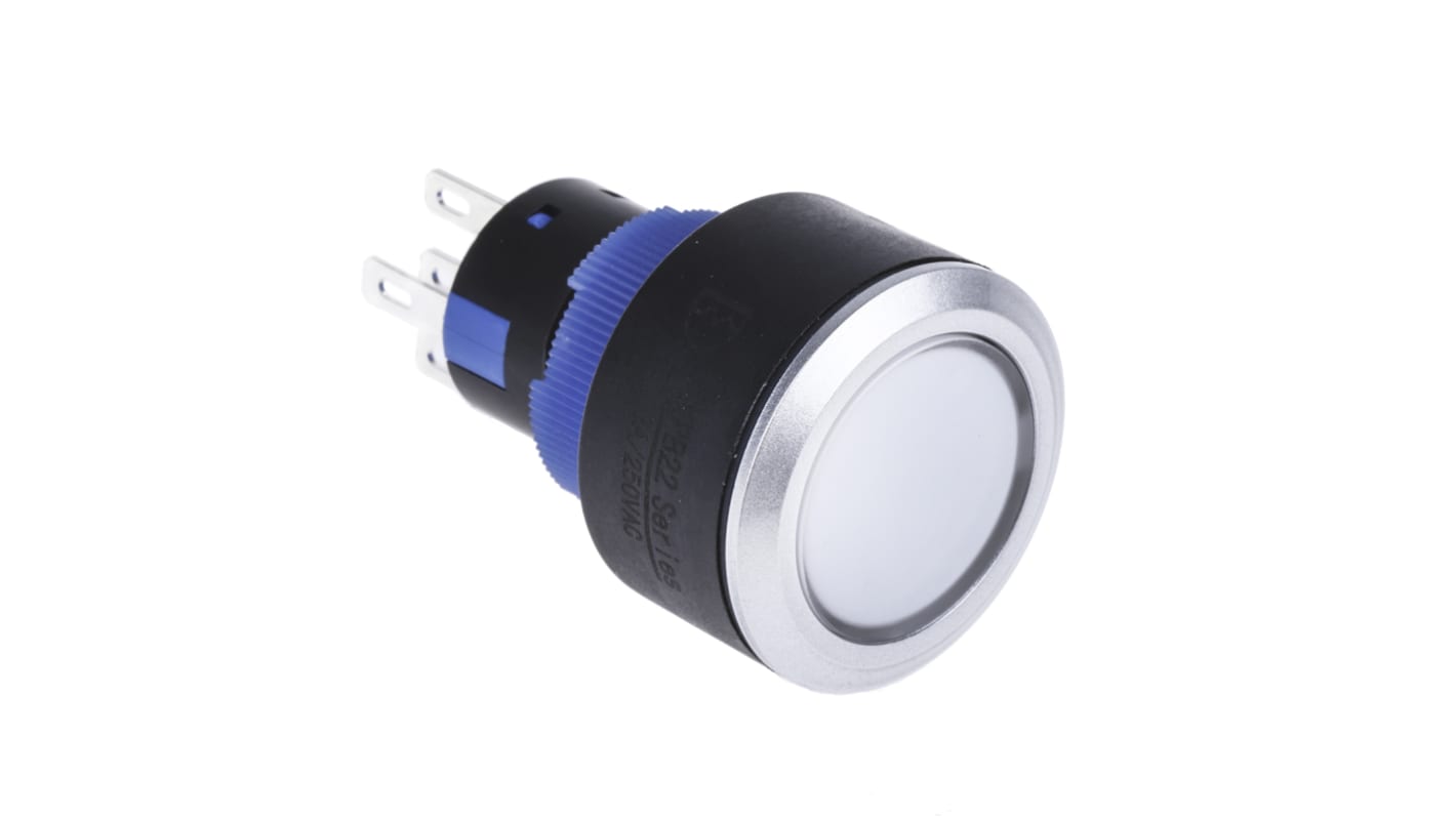 Bouton-poussoir, Momentané lumineux, LED Bleu, 1RT, 3 A, 5 A, Montage panneau