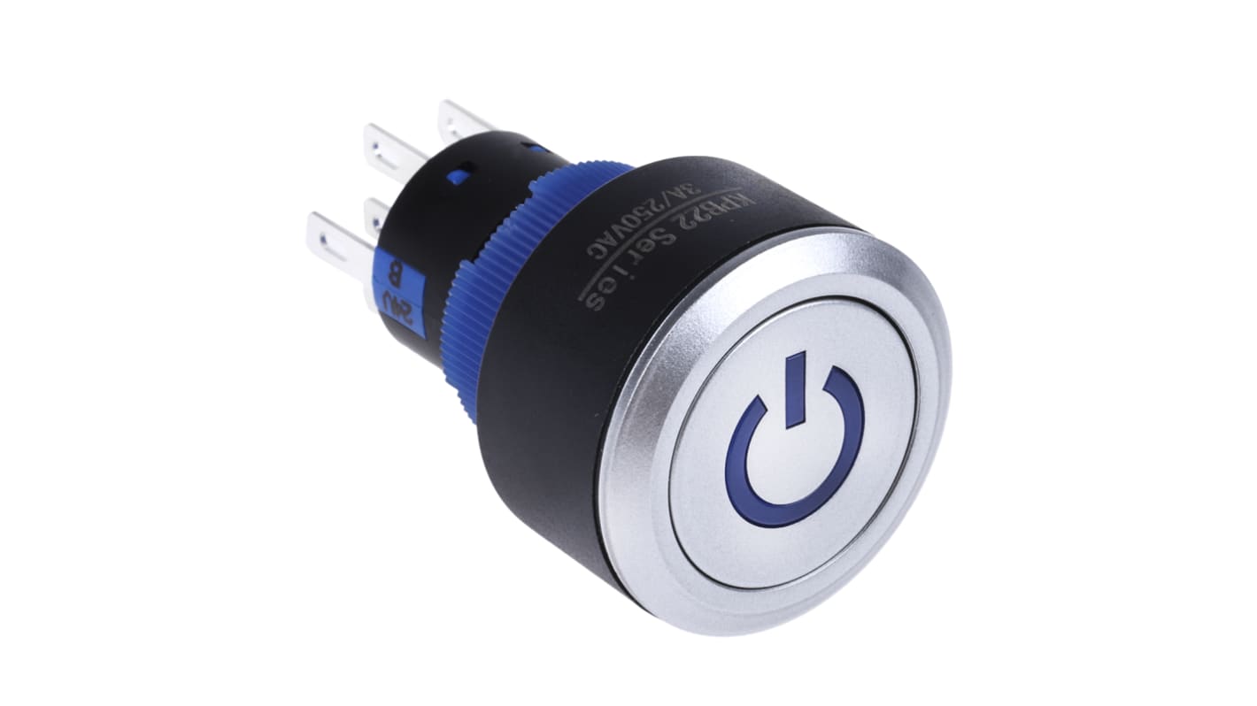 RS PRO Illuminated Push Button Switch, Panel Mount, 22.2mm Cutout, DPDT, Blue LED, 250V ac, IP65