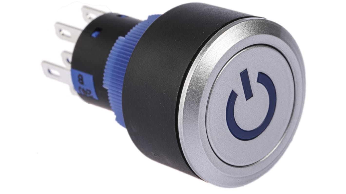 RS PRO Illuminated Push Button Switch, Momentary, Panel Mount, 22.2mm Cutout, DPDT, Blue LED, 250V ac, IP65