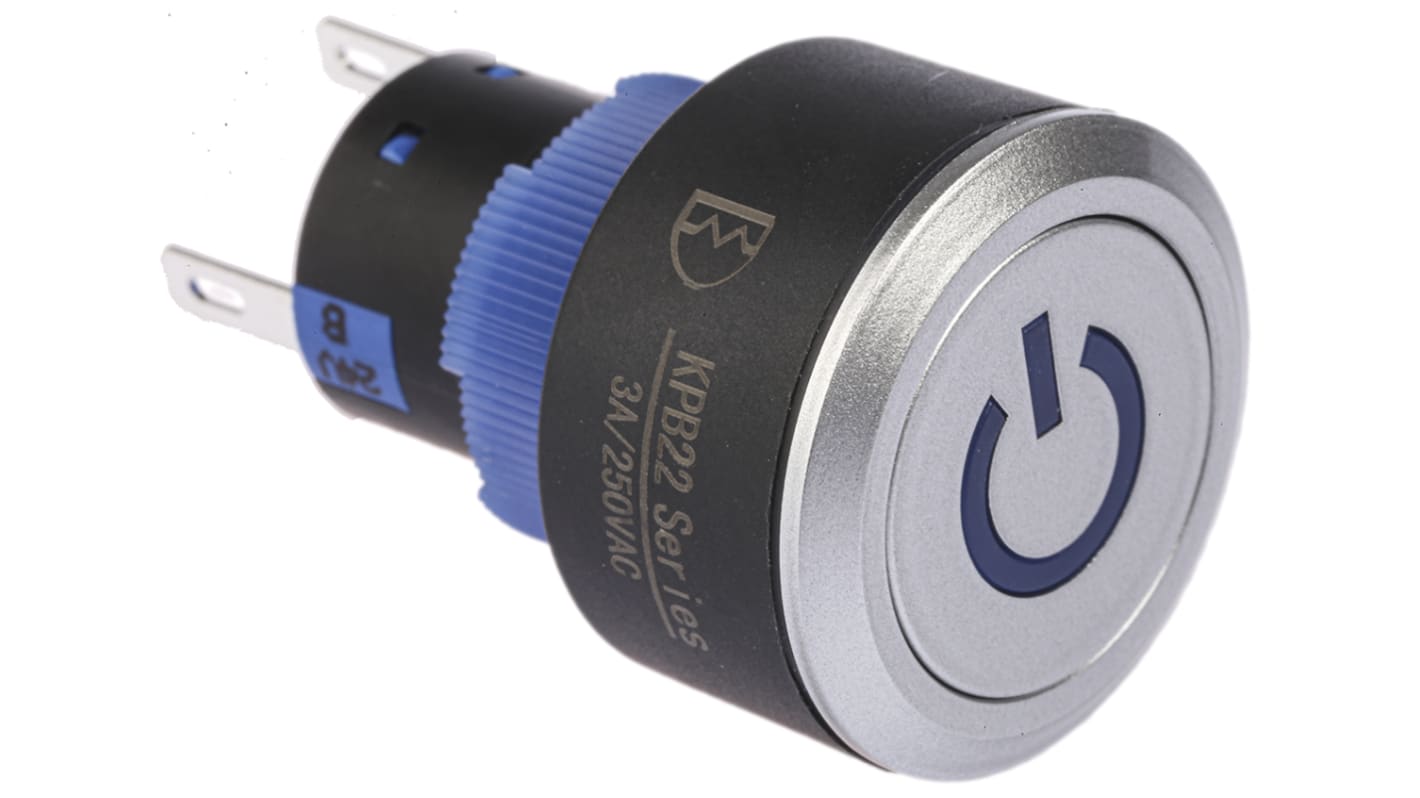 RS PRO Illuminated Push Button Switch, Momentary, Panel Mount, 22.2mm Cutout, SPDT, Blue LED, 250V ac, IP65