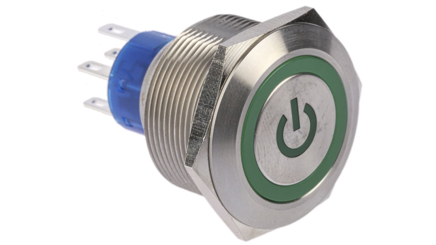 RS PRO Illuminated Push Button Switch, Momentary, Panel Mount, 25.2mm Cutout, DPDT, Green LED, 250V ac, IP67