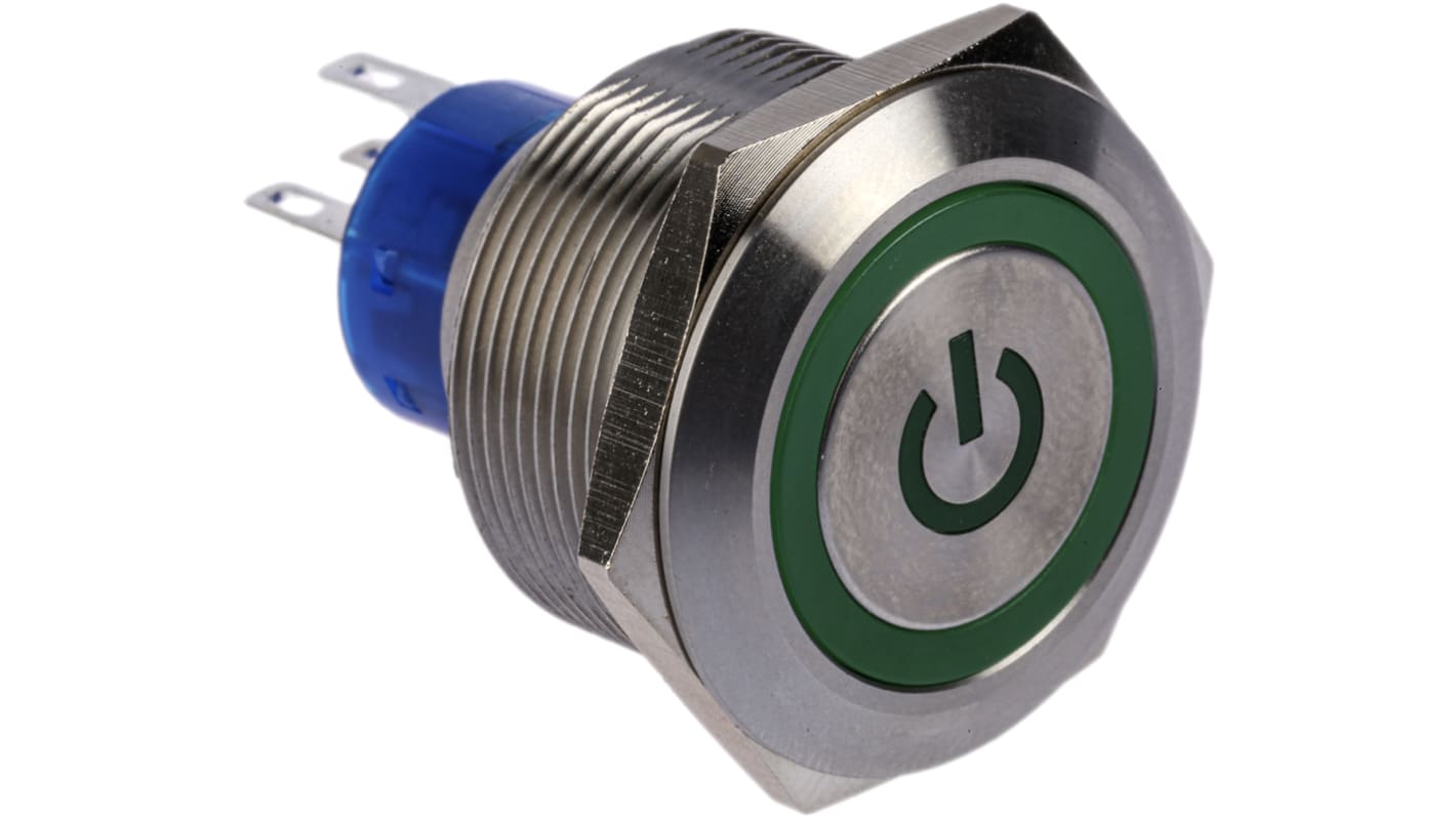 RS PRO Illuminated Push Button Switch, Panel Mount, 25.2mm Cutout, SPDT, Green LED, 250V ac, IP67