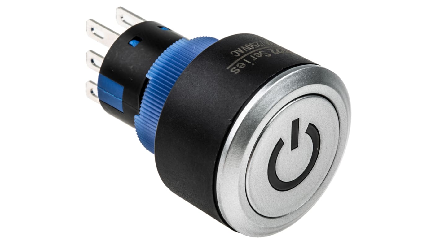 RS PRO Illuminated Push Button Switch, Momentary, Panel Mount, 22.2mm Cutout, DPDT, 250V ac, IP65