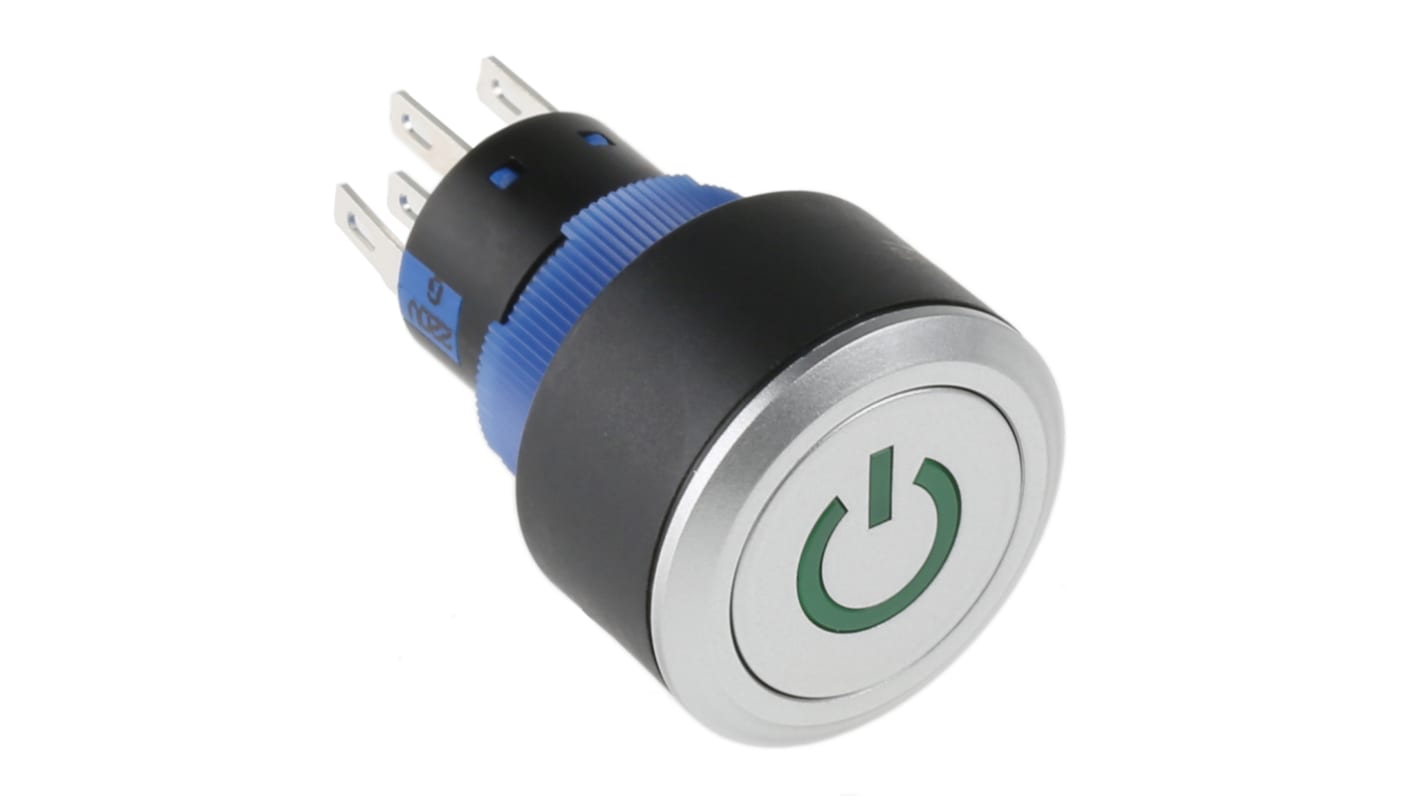 RS PRO Illuminated Push Button Switch, Panel Mount, 22.2mm Cutout, DPDT, Green LED, 250V ac, IP65