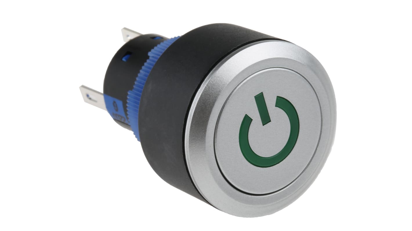 RS PRO Illuminated Push Button Switch, Panel Mount, 22.2mm Cutout, SPDT, Green LED, 250V ac, IP65