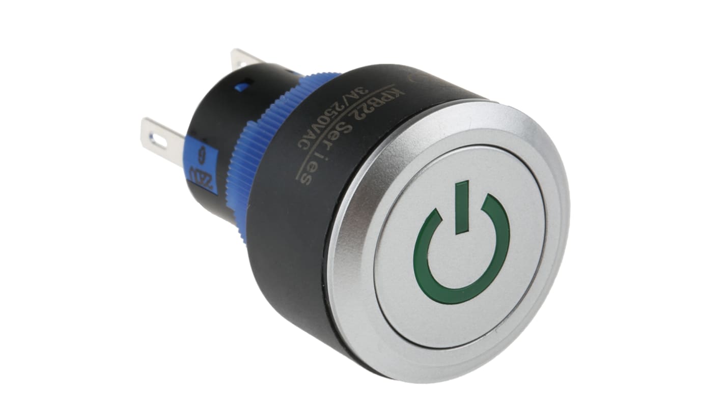 RS PRO Illuminated Push Button Switch, Momentary, Panel Mount, 22.2mm Cutout, SPDT, Green LED, 250V ac, IP65