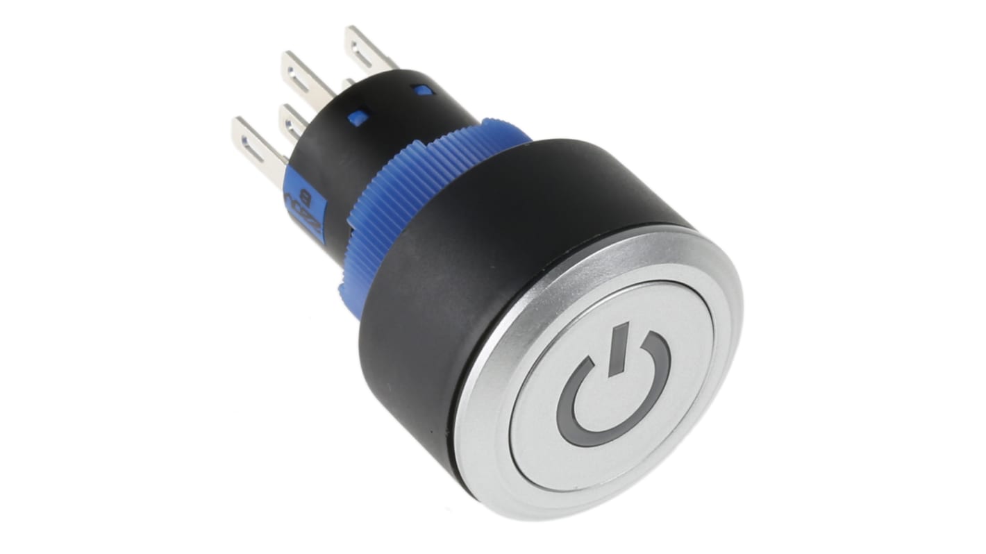 RS PRO Illuminated Push Button Switch, Panel Mount, 22.2mm Cutout, DPDT, Blue LED, 250V ac, IP65