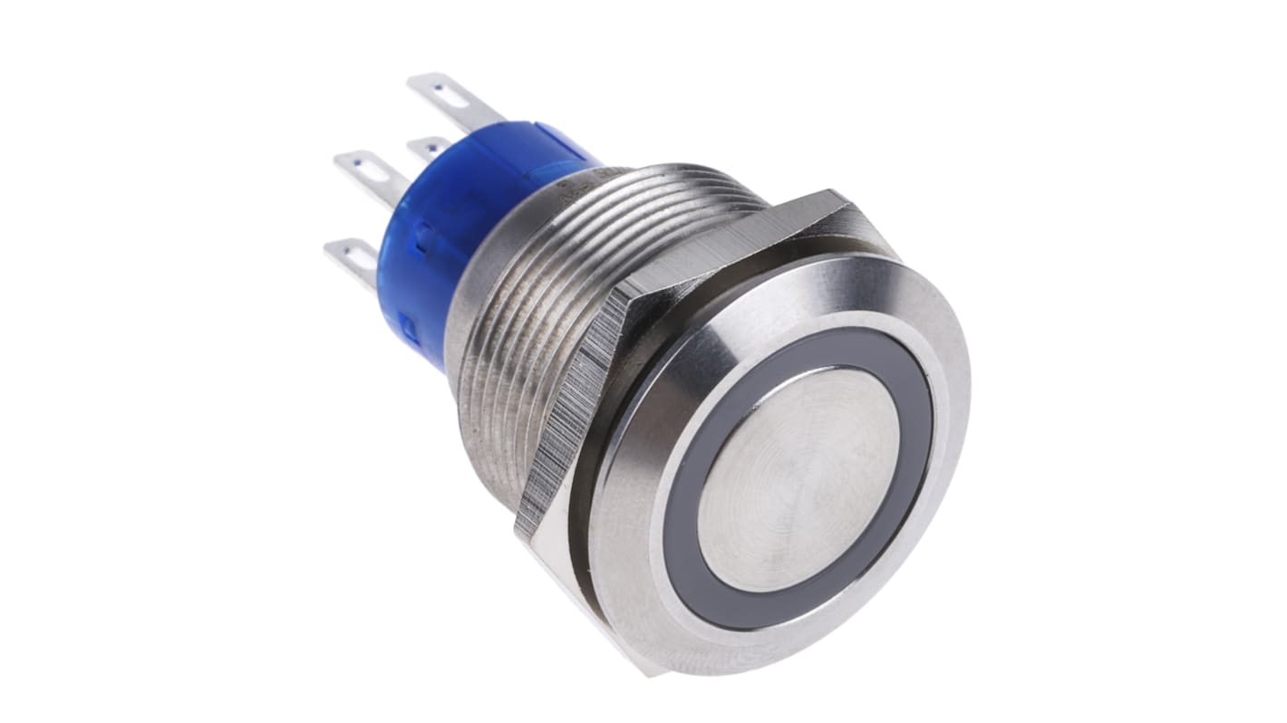 RS PRO Illuminated Push Button Switch, Momentary, Panel Mount, 22.2mm Cutout, DPDT, Blue LED, 250V ac, IP67