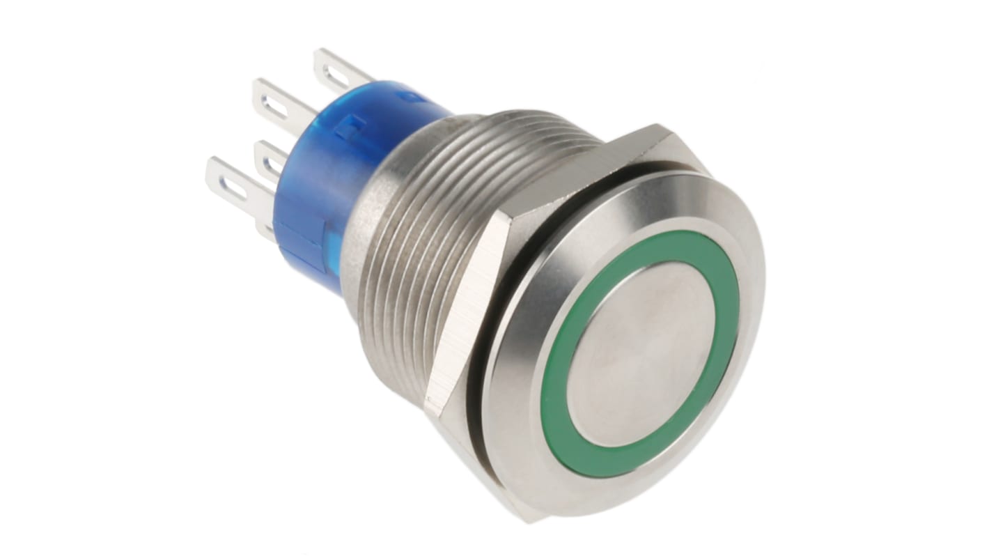 RS PRO Illuminated Push Button Switch, Momentary, Panel Mount, 22.2mm Cutout, DPDT, Green LED, 250V ac, IP67