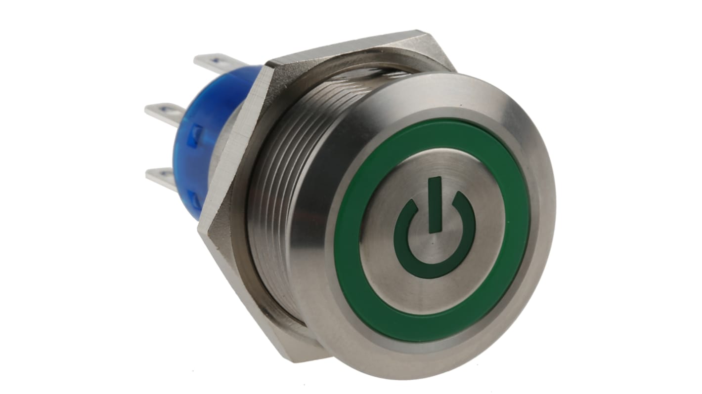 RS PRO Illuminated Push Button Switch, Momentary, Panel Mount, 22.2mm Cutout, DPDT, Green LED, 250V ac, IP67