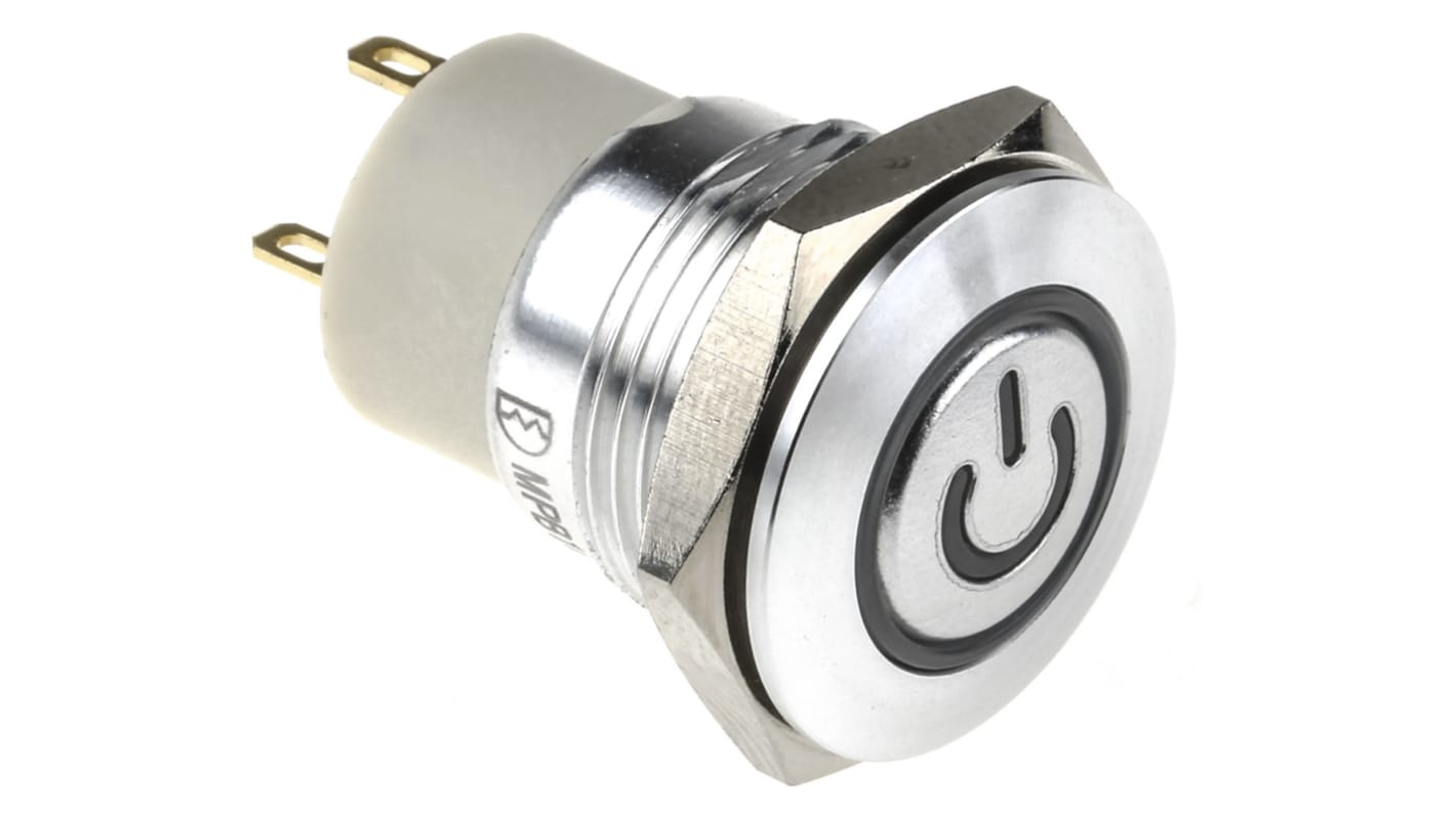 Interruptor de Botón Pulsador RS PRO, SPST, Enclavamiento, 2 A, 36V dc, Montaje en Panel, IP67, iluminado, Símbolo de