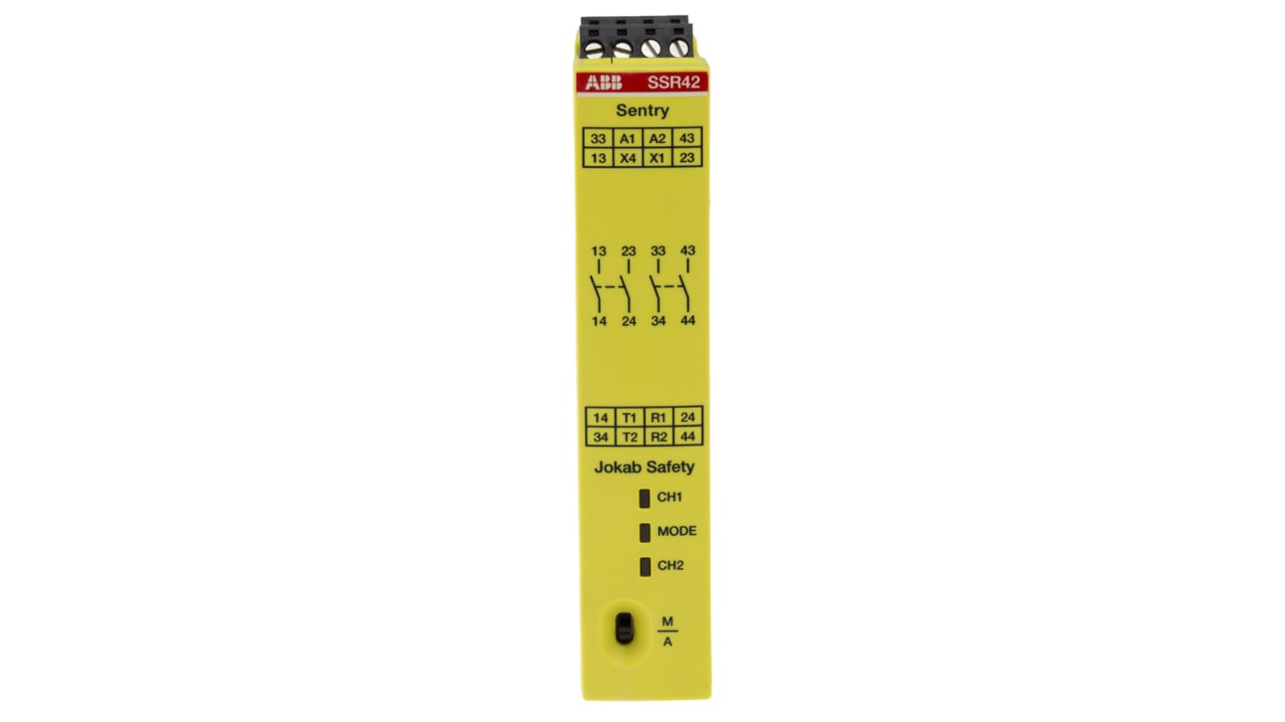 Relé de seguridad ABB Jokab Sentry SSR42 de 2 canales, para Interruptor de seguridad, 24V dc, cat. seg. ISO 13849-1 4