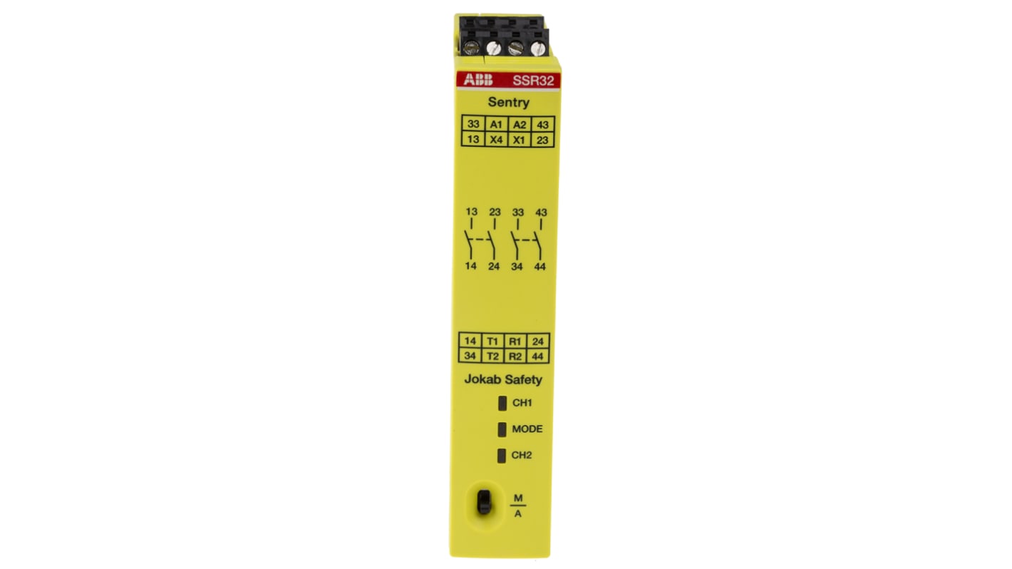 Relé de seguridad ABB Jokab Sentry SSR32 de 2 canales, para Interruptor de seguridad, 24V dc, cat. seg. ISO 13849-1 4