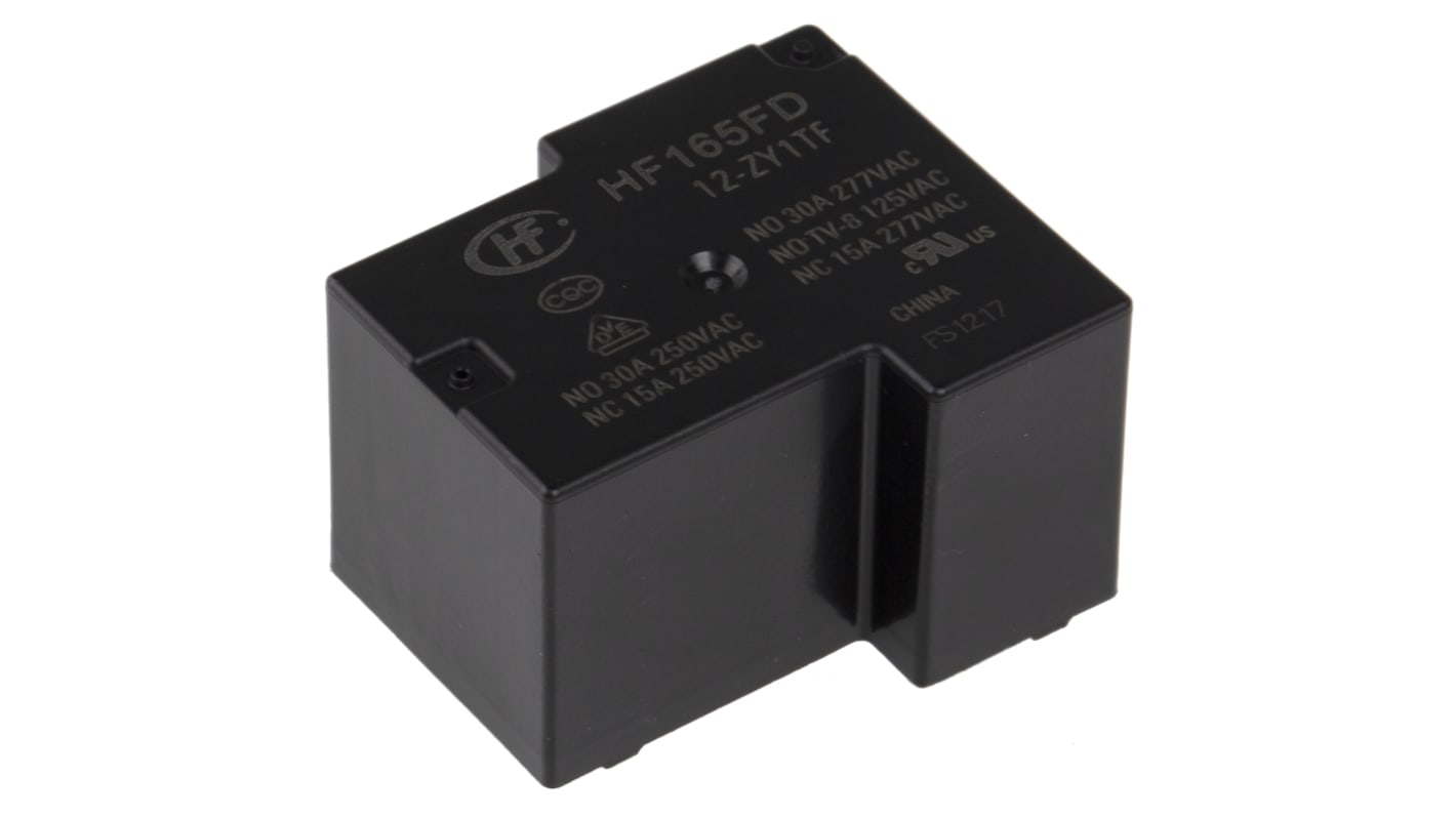 Relé de potencia sin enclavamiento Hongfa Europe GMBH HF165FD de 1 polo, SPDT, bobina 12V dc, 15A, Montaje en PCB