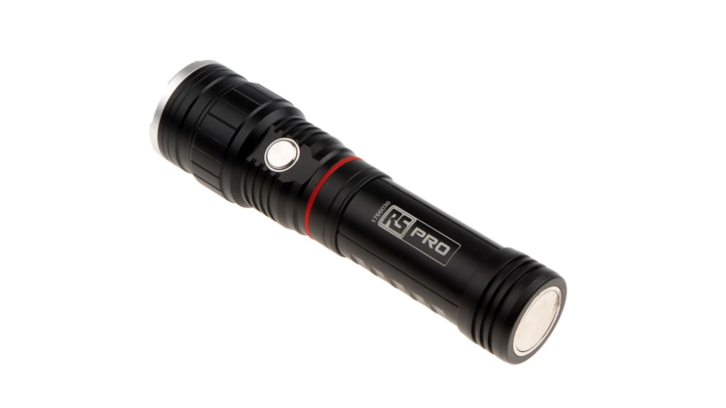 RS PRO LED Torch Black - Rechargeable 550 lm, 174 to 227 mm