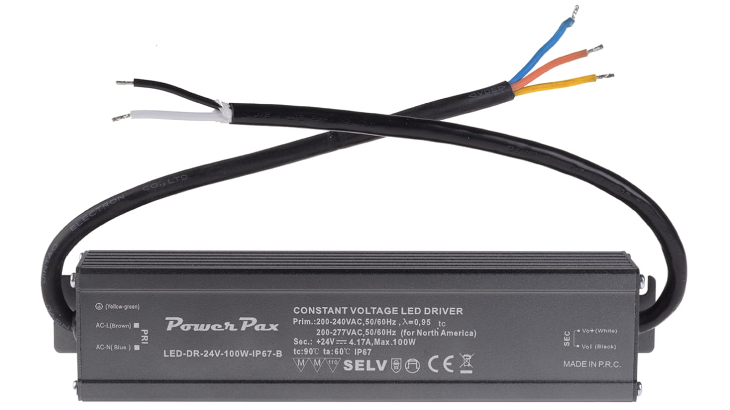 Driver LED tensión constante RS PRO de salidas, IN: 200 → 277 V ac, OUT: 24V, 4.17A, 100W, IP20