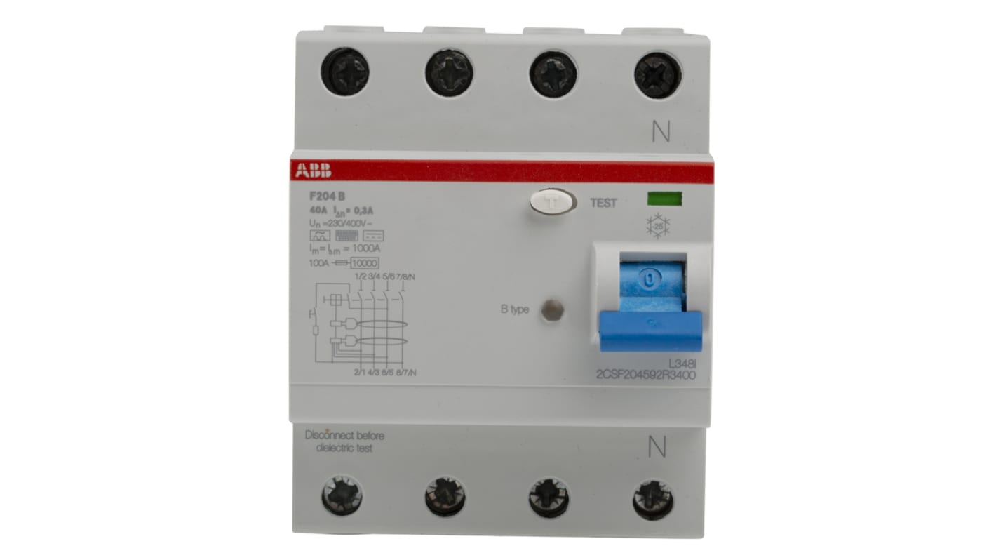 ABB F200 RCCB, 40A, 4 Pole, 300mA, Type B, 400V ac