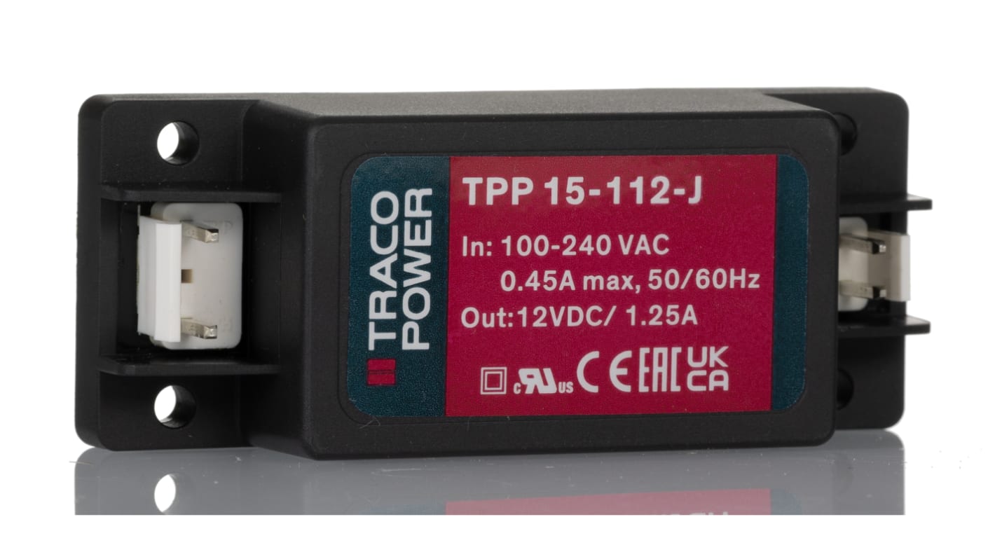 Fuente de alimentación conmutada TRACOPOWER serie TPP 15-J, 12V dc, 1.25A, 15W, 1 salida, para uso médico, Montaje