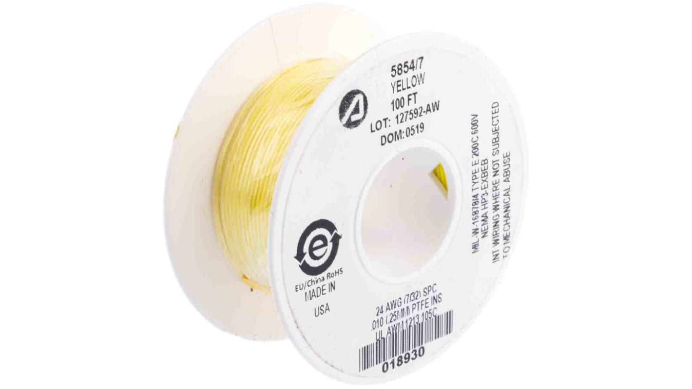 Alpha Wire Einzeladerleitung 0.23 mm², 24 AWG 30m Gelb PTFE isoliert Ø 1.12mm 7/0.20 mm Litzen UL1213