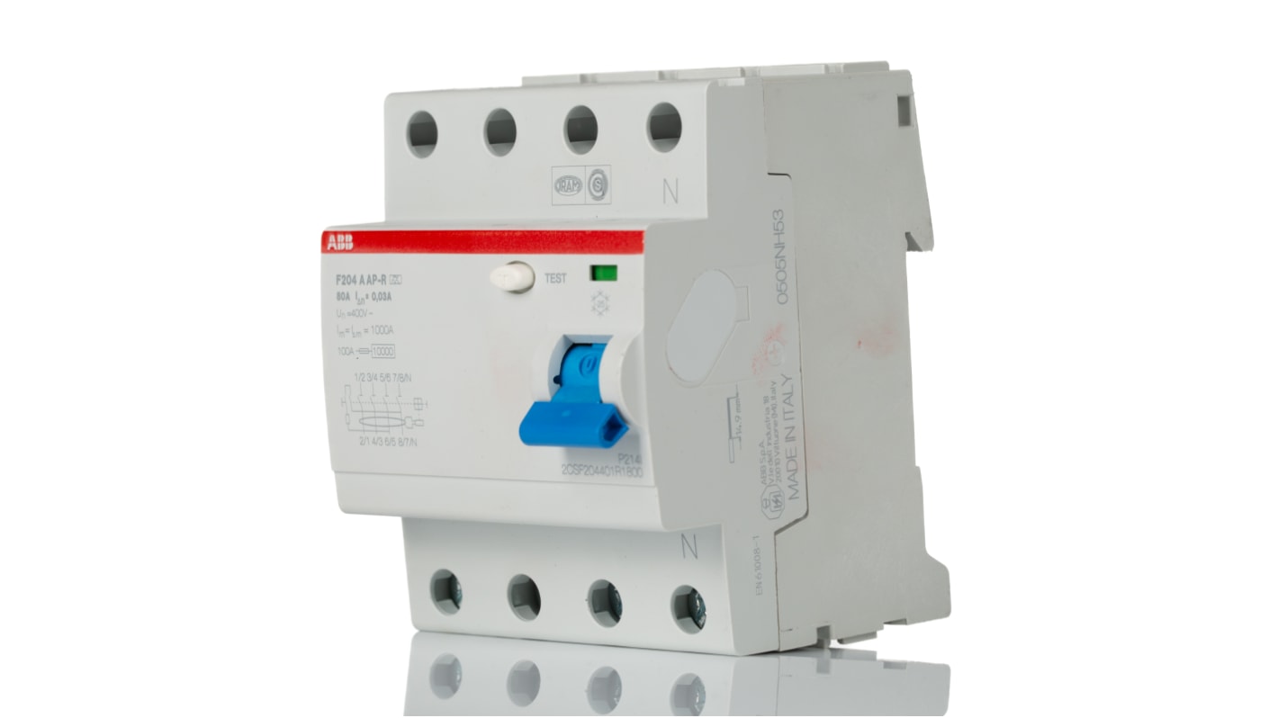 ABB RCCB 4 pólusú A típusú, 80A AP-R, 30mA, F200 sorozat 277 V ac, 480 V ac