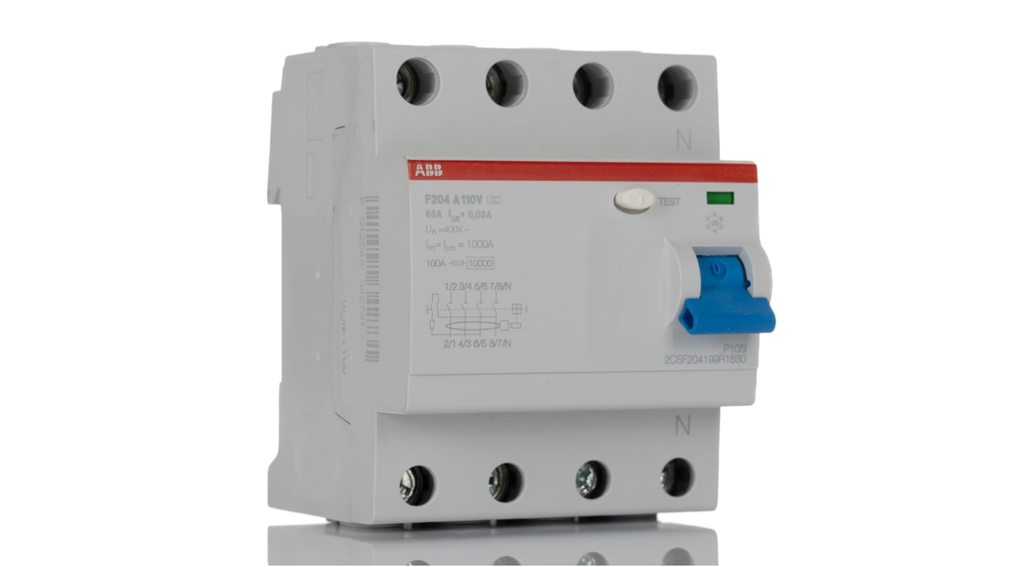 ABB F200 RCCB, 63A, 4 Pole, 30mA, Type A, 110V ac